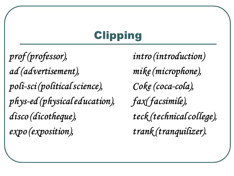 Clipping prof (professor),  ad (advertisement),  poli-sci (political science),  phys-ed (physical education),